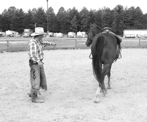 Bill's leading (left) hand and his body position at the hindquarter both invite Abe to move forward. Bill can be passive with his body language and right-side driving hand here because Abe is following the invitation of the leading hand.