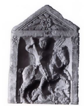 All riding in the Roman cavalry had to be done with the left hand only, the same hand that had to hold the shield and a lance, leaving the rider free for fighting with the right hand. This is shown at right in this carved tombstone.