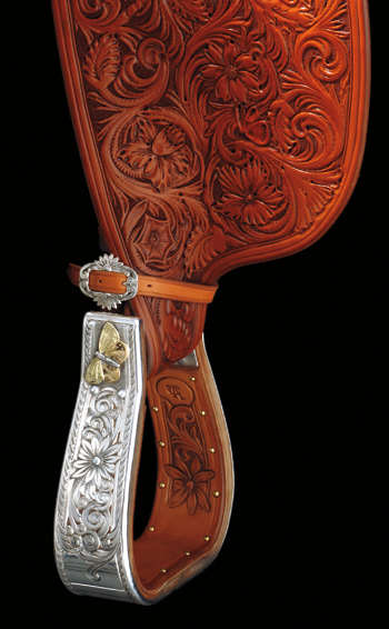 These stirrups, a collaboration between Scott Hardy and stirrup-maker Keith Wilson, and made for a 2007 Cary Schwarz saddle, are bound by Hardy’s filigreed sterling silver. PHOTO COURTESY NATIONAL COWBOY & WESTERN HERITAGE MUSEUM 